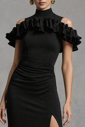 Black Sheath Satin High Neck Long Formal Dress with Slit